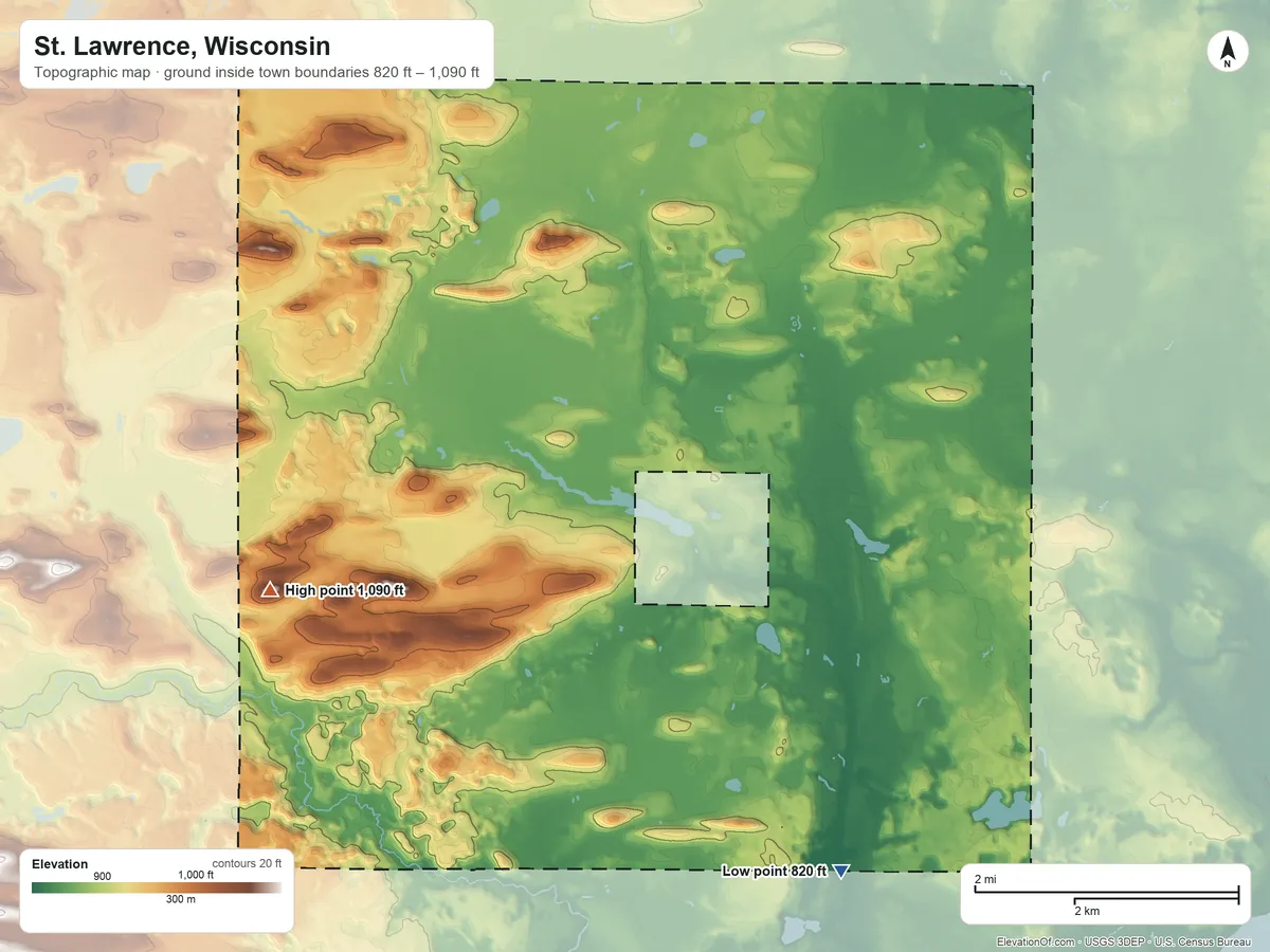 Topographic elevation map of St. Lawrence, Wisconsin, shaded from 820 ft on the south side to 1,090 ft on the west side