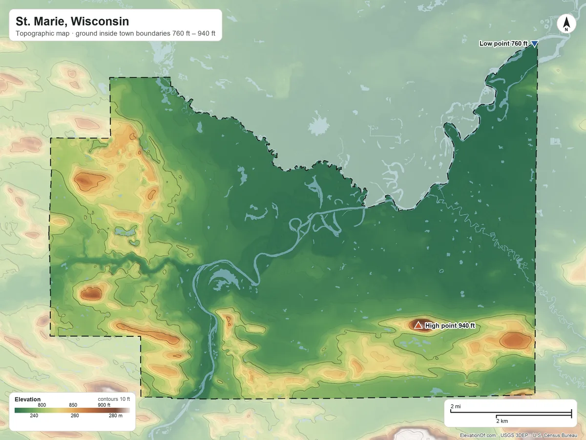 Topographic elevation map of St. Marie, Wisconsin, shaded from 760 ft on the northeast side to 940 ft on Mount Tom
