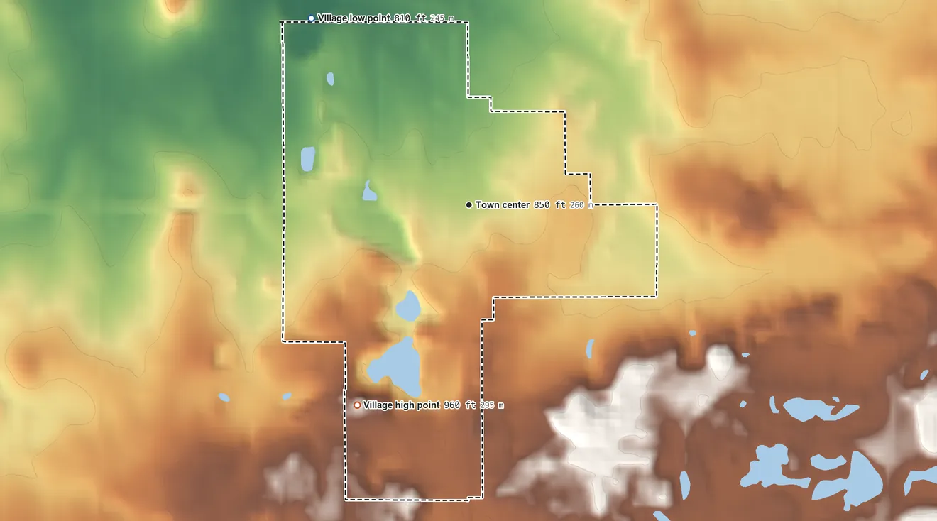 Topographic elevation map of St. Nazianz, Wisconsin, shaded from 810 ft on the northwest side to 960 ft on the southwest side
