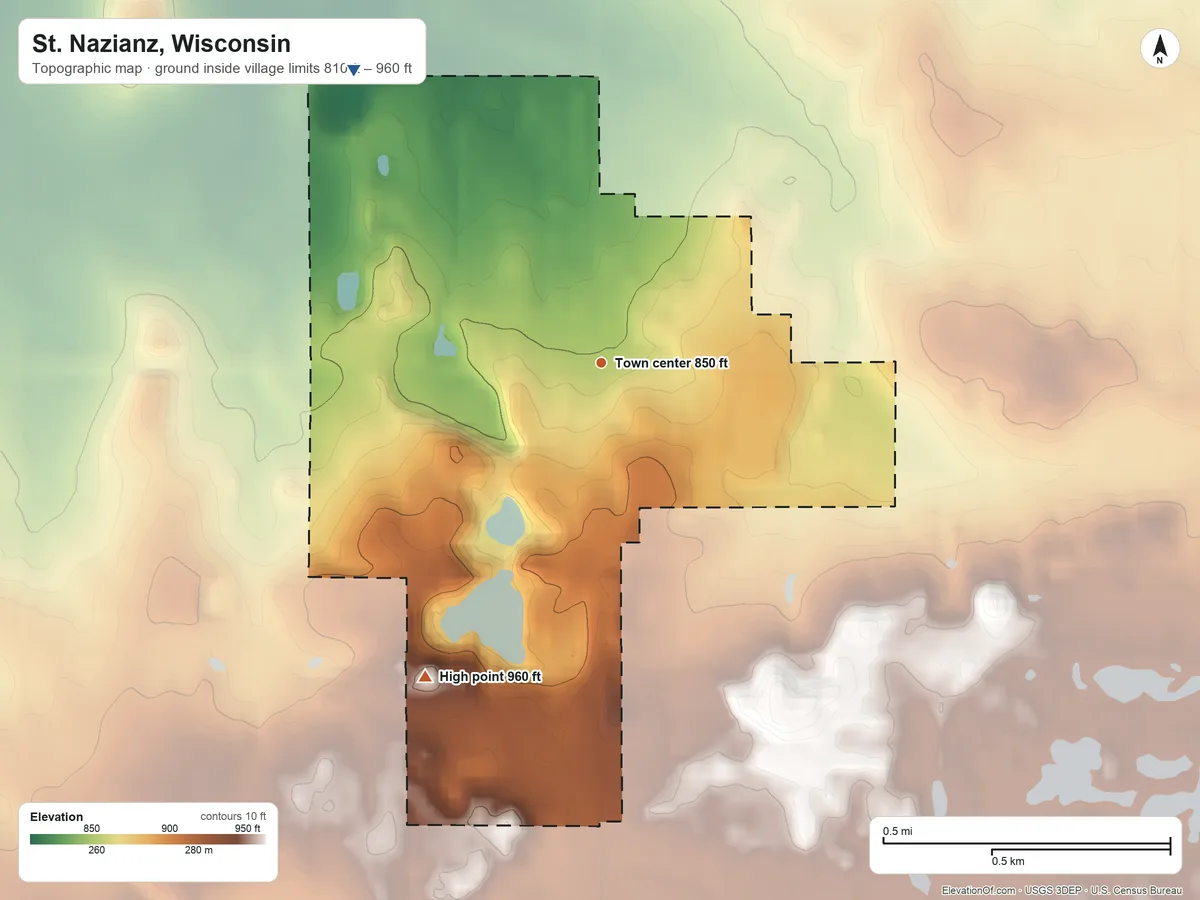 Topographic elevation map of St. Nazianz, Wisconsin, shaded from 810 ft on the northwest side to 960 ft on the southwest side
