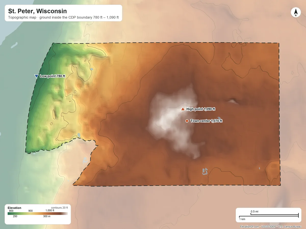 Topographic elevation map of St. Peter, Wisconsin, shaded from 780 ft on the west side to 1,090 ft near the middle