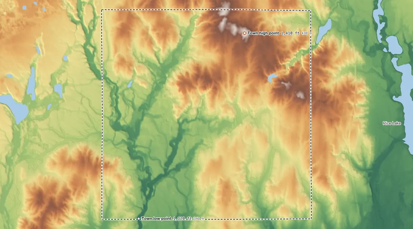 Topographic elevation map of Stanfold, Wisconsin, shaded from 1,120 ft on the southwest side to 1,410 ft on the northeast side