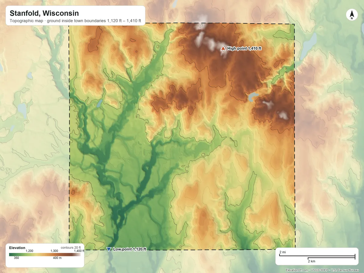 Topographic elevation map of Stanfold, Wisconsin, shaded from 1,120 ft on the southwest side to 1,410 ft on the northeast side