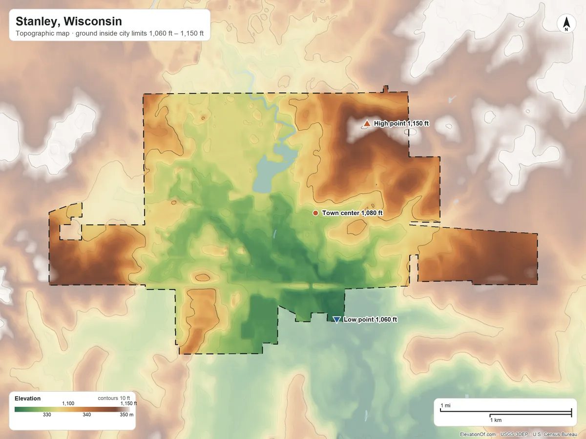 Topographic elevation map of Stanley, Wisconsin, shaded from 1,060 ft on the south side to 1,150 ft on the northeast side