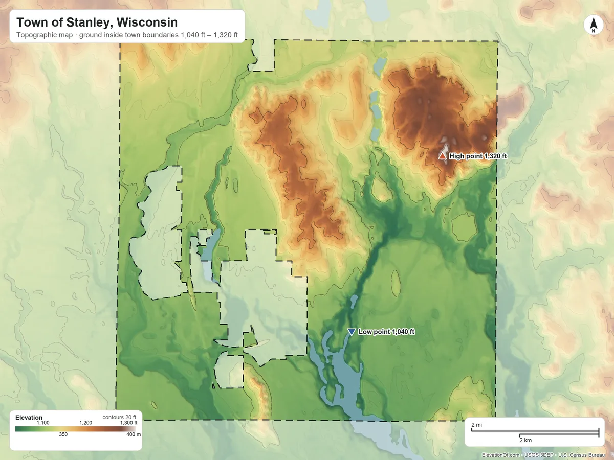 Topographic elevation map of Town of Stanley, Wisconsin, shaded from 1,040 ft on the southeast side to 1,320 ft on the east side