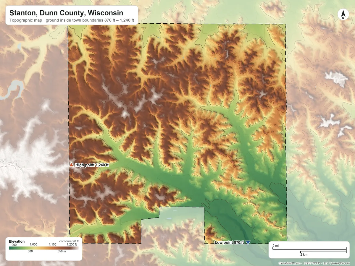 Topographic elevation map of Stanton, Dunn County, Wisconsin, shaded from 870 ft on the southeast side to 1,240 ft on the west side