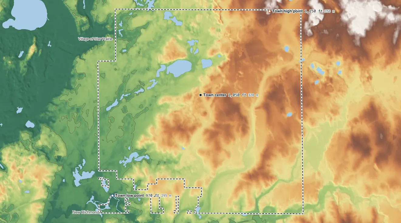 Topographic elevation map of Stanton, Wisconsin, shaded from 970 ft on the southwest side to 1,150 ft on the northeast side