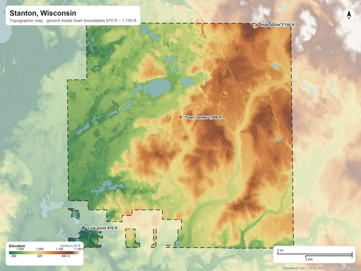 Topographic elevation map of Stanton, Wisconsin, shaded from 970 ft on the southwest side to 1,150 ft on the northeast side
