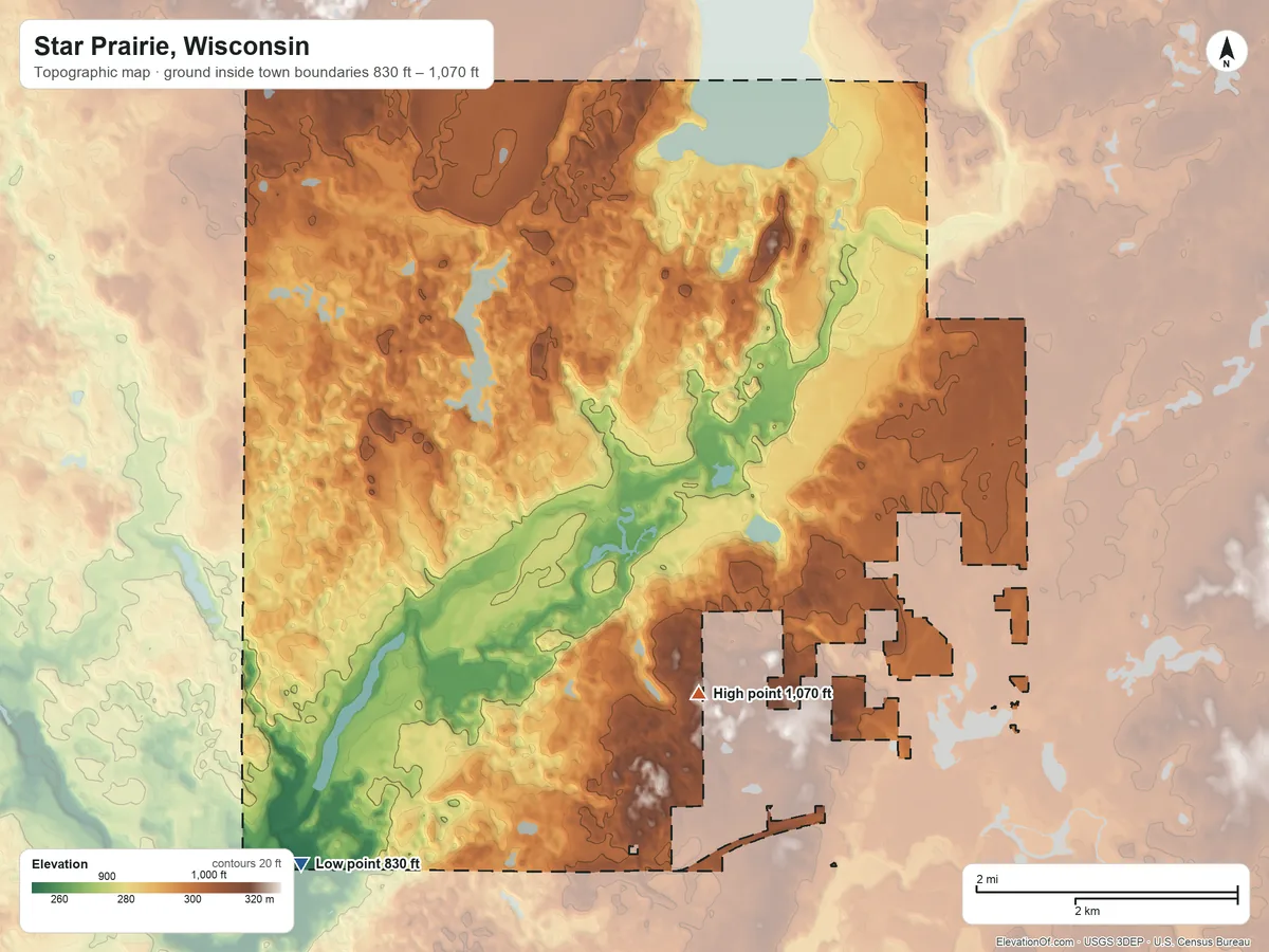 Topographic elevation map of Star Prairie, Wisconsin, shaded from 830 ft on the southwest side to 1,070 ft on the south side