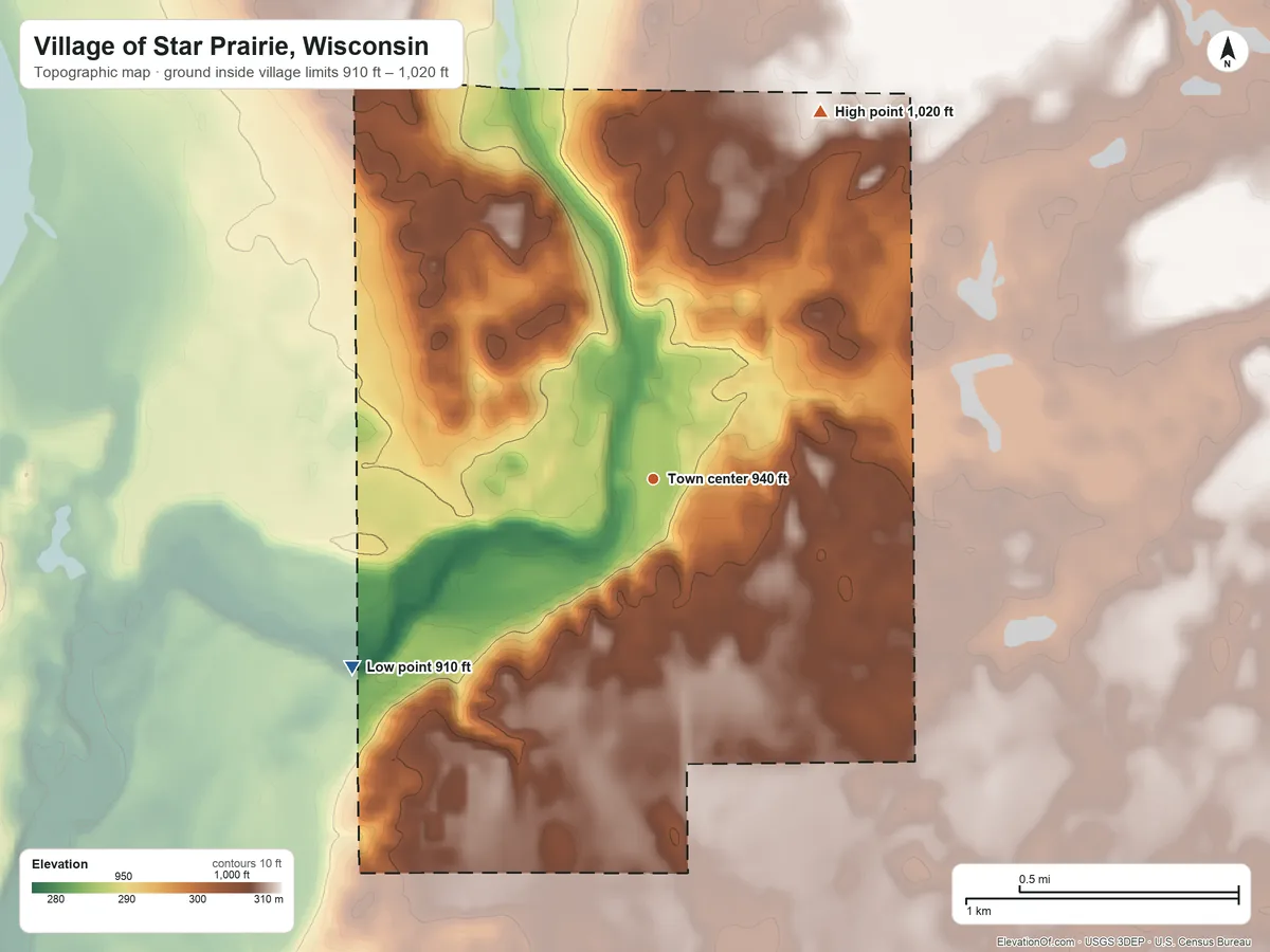 Topographic elevation map of Village of Star Prairie, Wisconsin, shaded from 910 ft on the southwest side to 1,020 ft on the northeast side