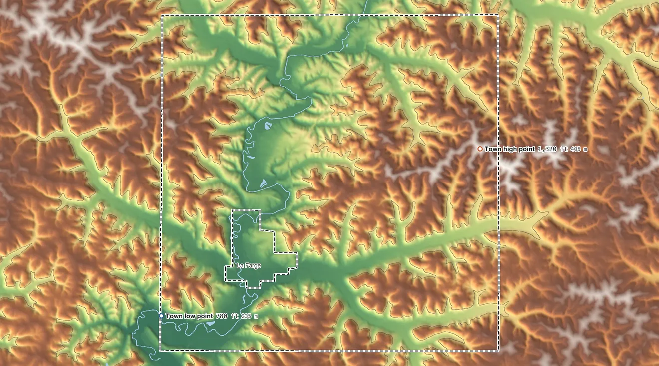 Topographic elevation map of Stark, Wisconsin, shaded from 780 ft on the southwest side to 1,320 ft on the east side