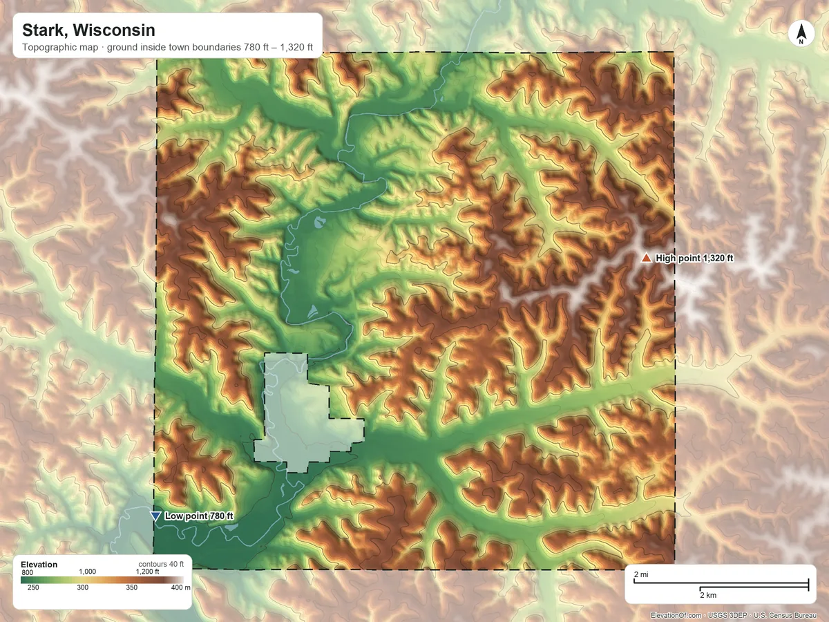 Topographic elevation map of Stark, Wisconsin, shaded from 780 ft on the southwest side to 1,320 ft on the east side