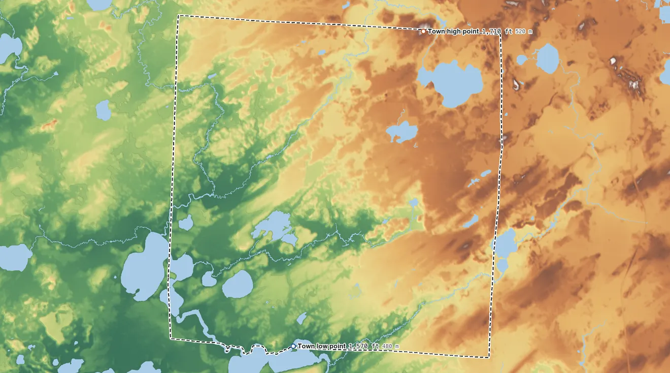 Topographic elevation map of Stella, Wisconsin, shaded from 1,570 ft on the south side to 1,710 ft on the northeast side