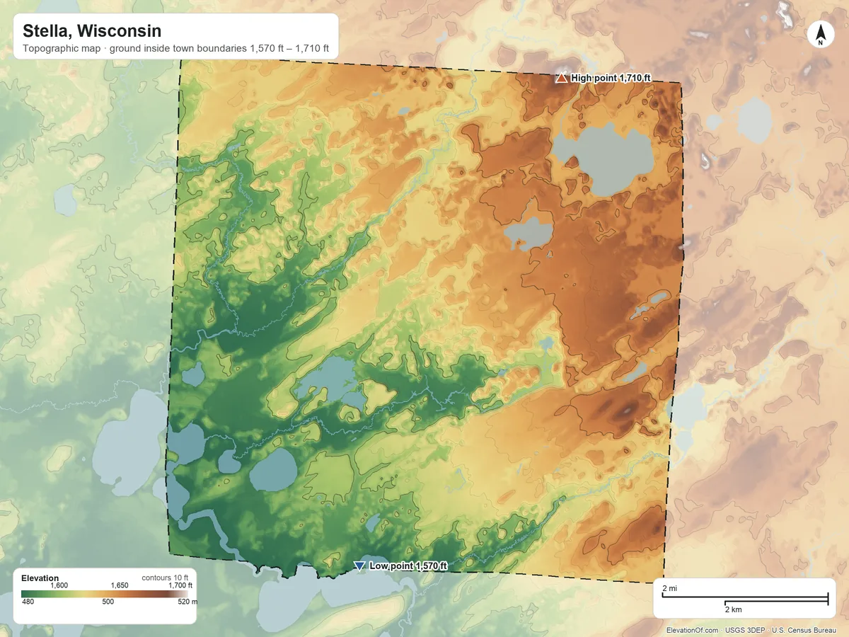 Topographic elevation map of Stella, Wisconsin, shaded from 1,570 ft on the south side to 1,710 ft on the northeast side