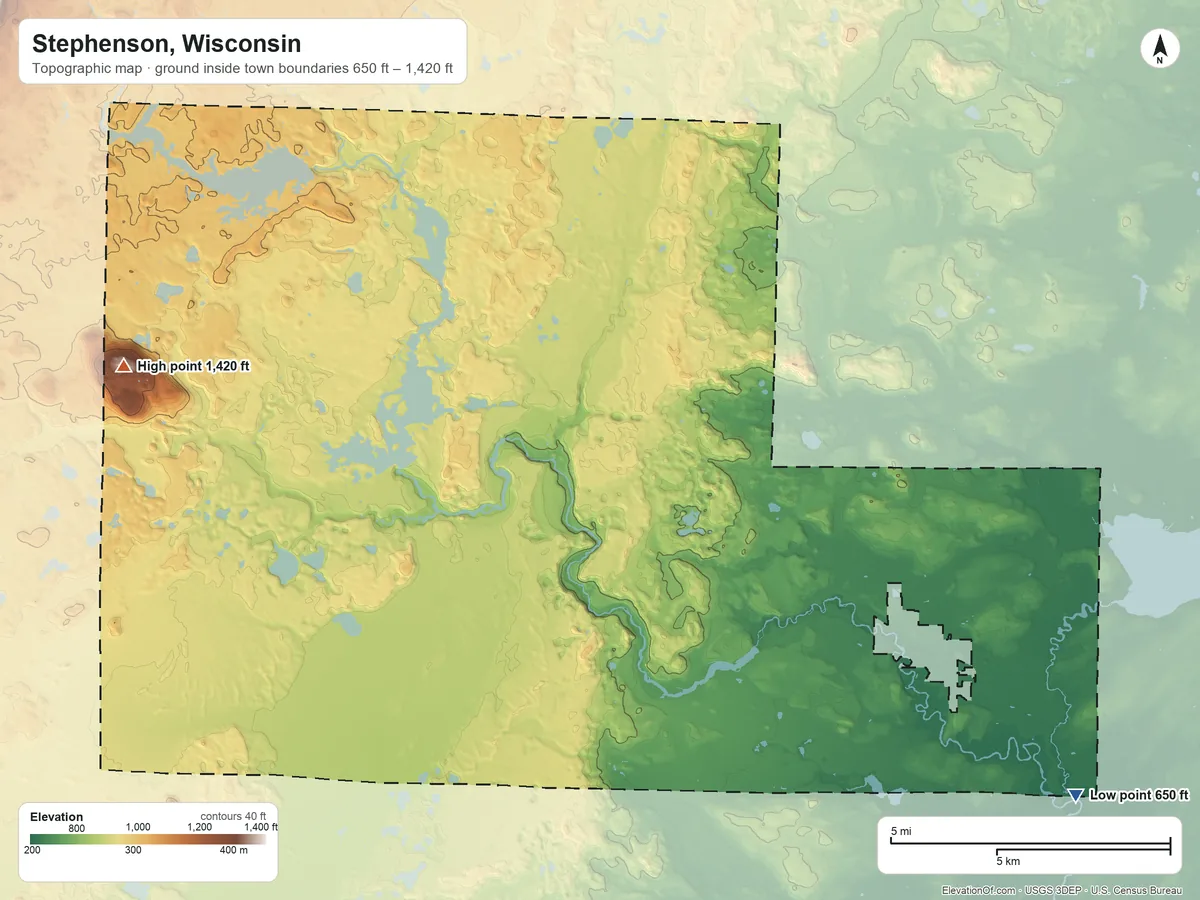 Topographic elevation map of Stephenson, Wisconsin, shaded from 650 ft on the southeast side to 1,420 ft on Thunder Mountain