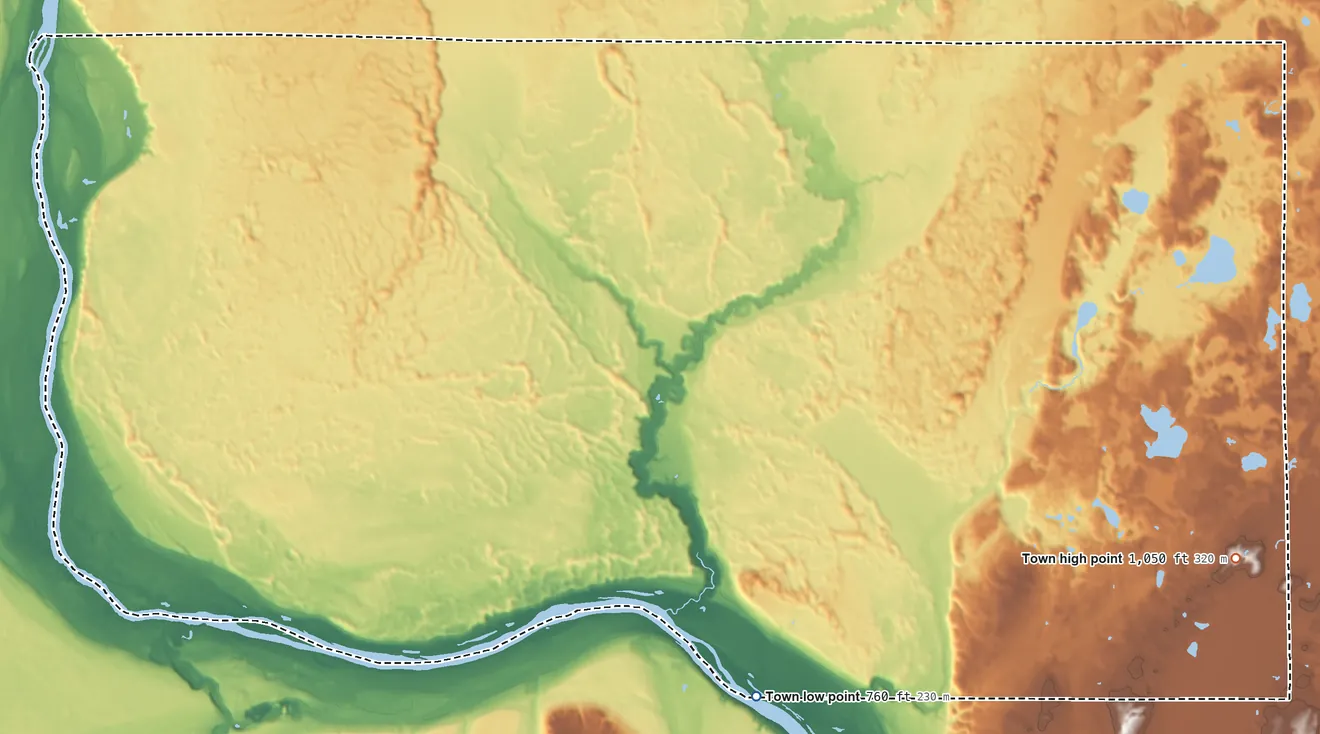 Topographic elevation map of Sterling, Wisconsin, shaded from 760 ft on the southwest side to 1,050 ft on the southeast side
