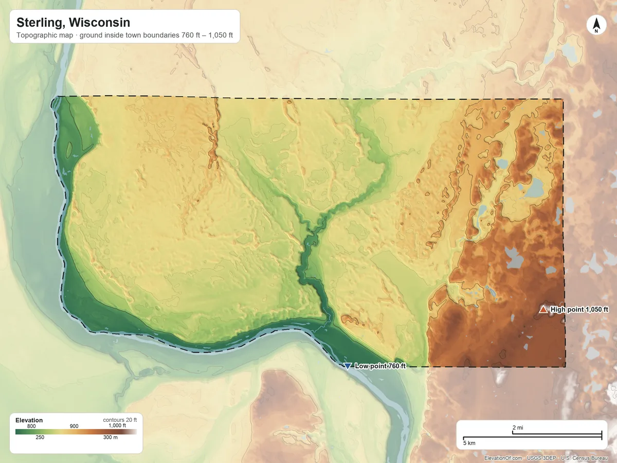 Topographic elevation map of Sterling, Wisconsin, shaded from 760 ft on the southwest side to 1,050 ft on the southeast side