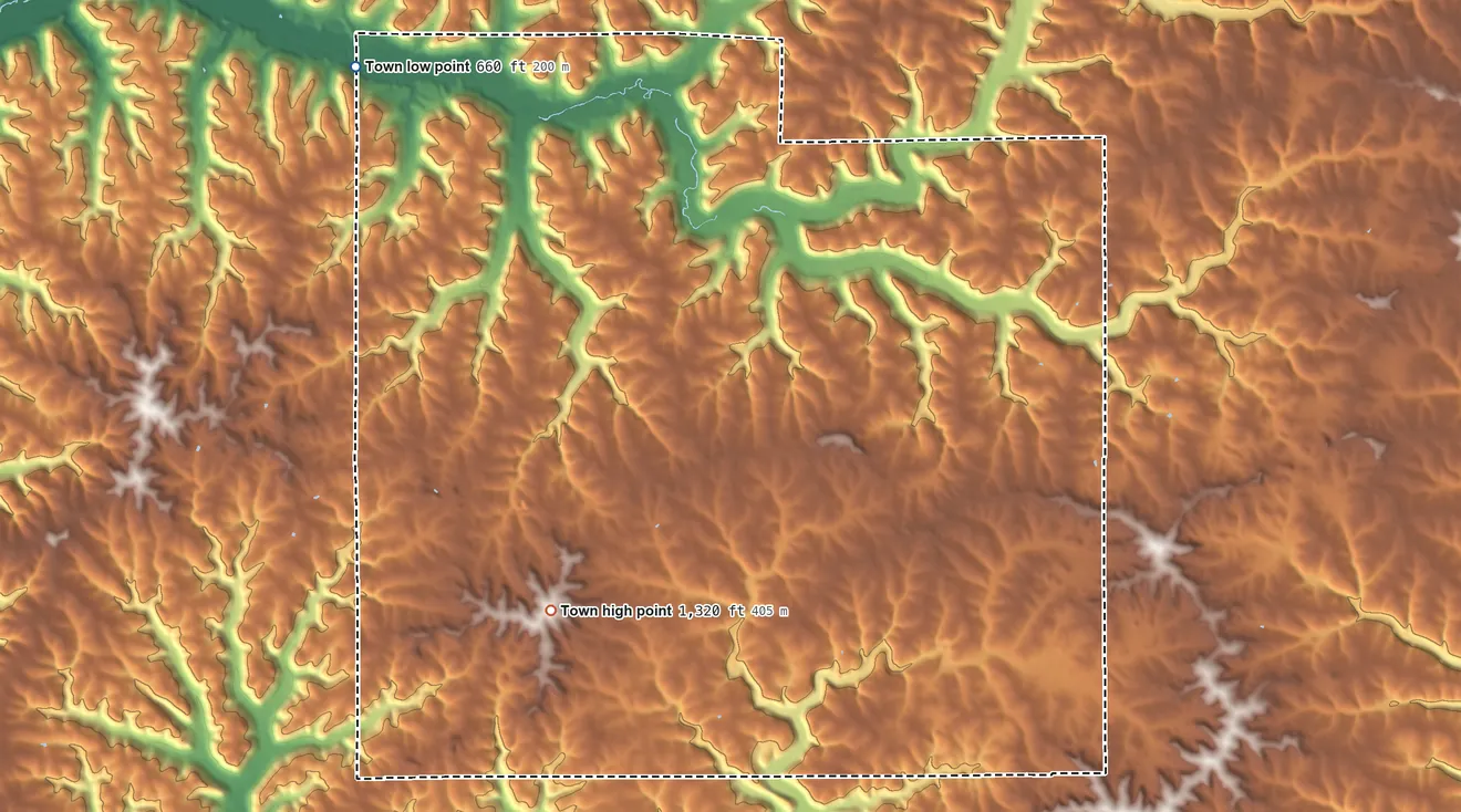 Topographic elevation map of Sterling, Vernon County, Wisconsin, shaded from 660 ft on the northwest side to 1,320 ft on the southwest side