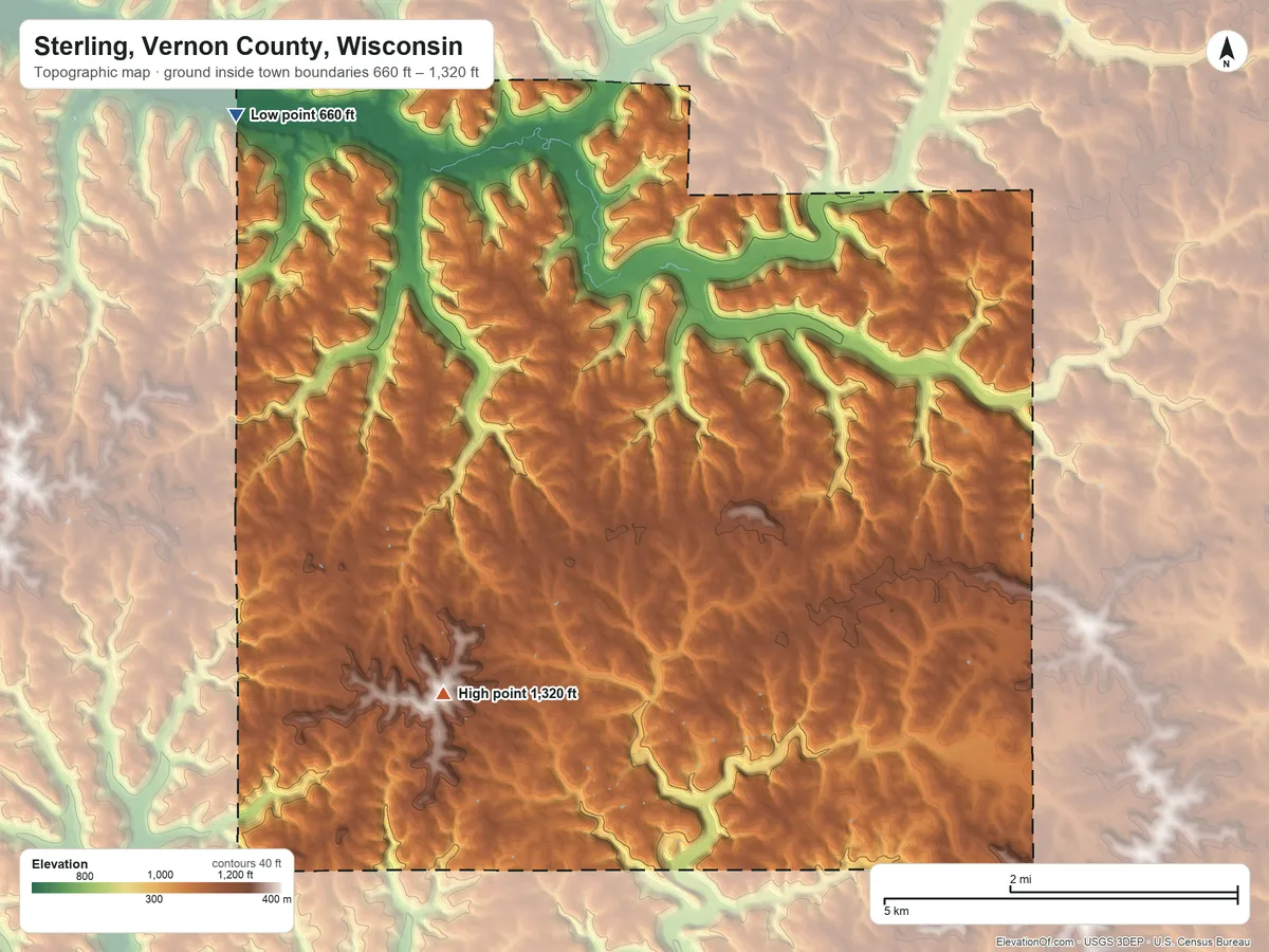 Topographic elevation map of Sterling, Vernon County, Wisconsin, shaded from 660 ft on the northwest side to 1,320 ft on the southwest side
