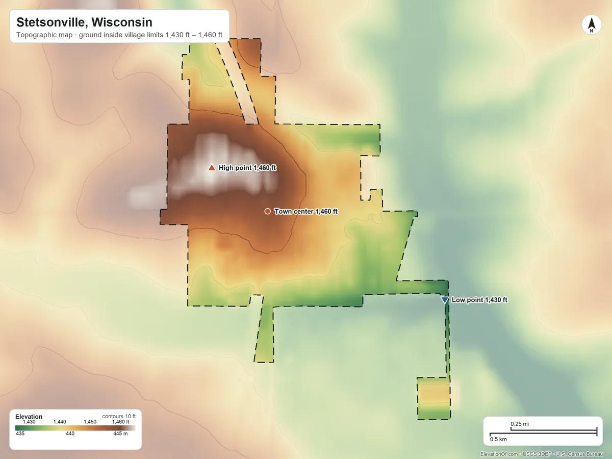 Topographic elevation map of Stetsonville, Wisconsin, shaded from 1,430 ft on the southeast side to 1,460 ft on the northwest side