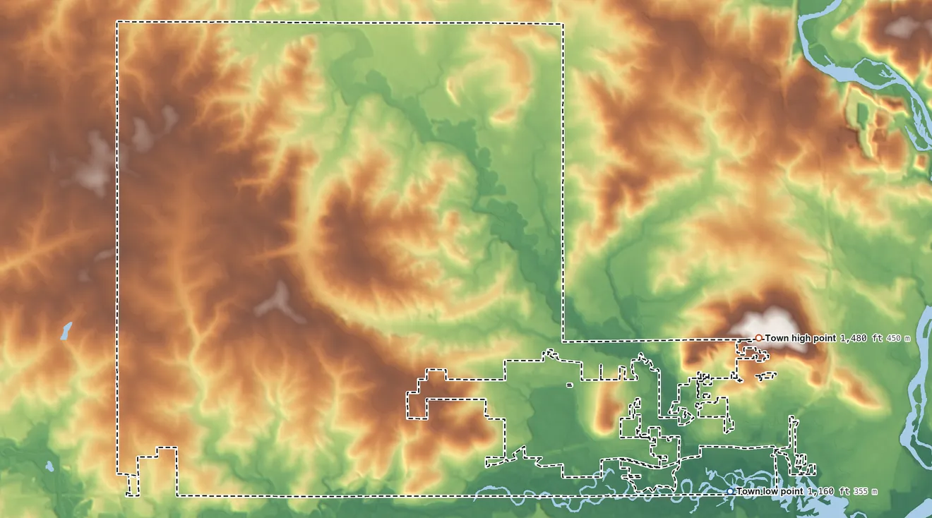 Topographic elevation map of Stettin, Wisconsin, shaded from 1,160 ft on the southeast side to 1,480 ft on the east side