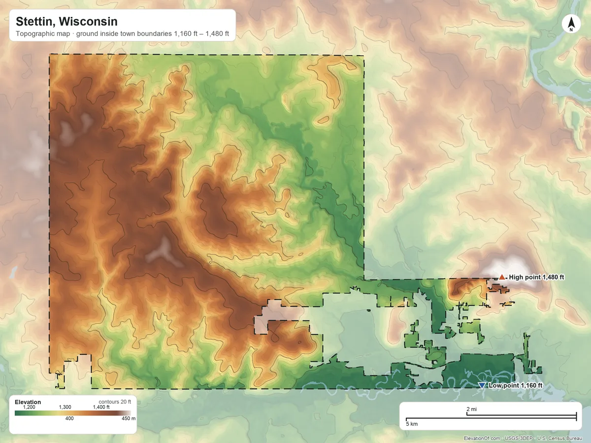 Topographic elevation map of Stettin, Wisconsin, shaded from 1,160 ft on the southeast side to 1,480 ft on the east side