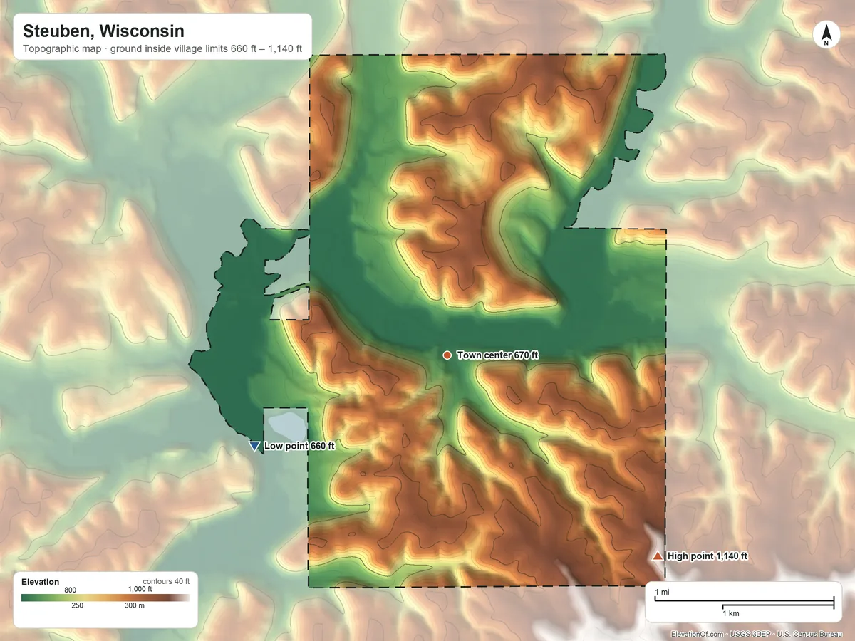 Topographic elevation map of Steuben, Wisconsin, shaded from 660 ft on the southwest side to 1,140 ft on the southeast side