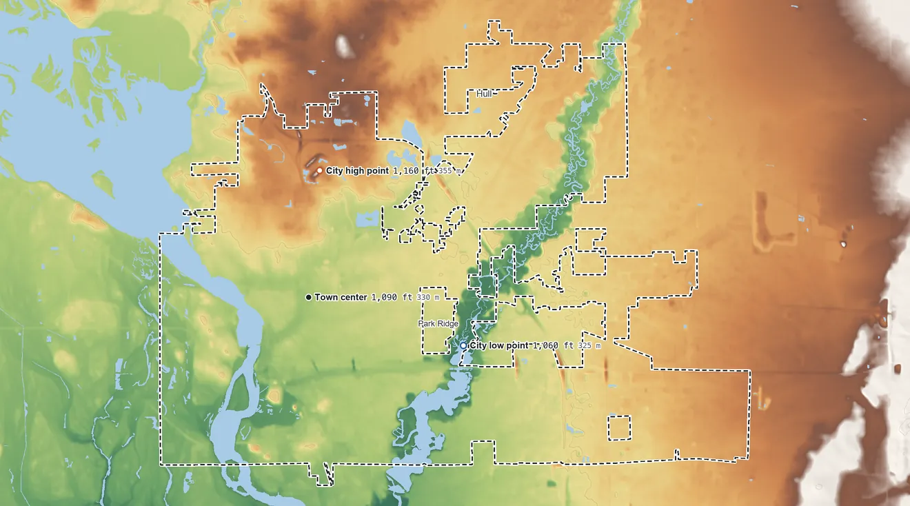 Topographic elevation map of Stevens Point, Wisconsin, shaded from 1,060 ft on the east side to 1,160 ft on the north side