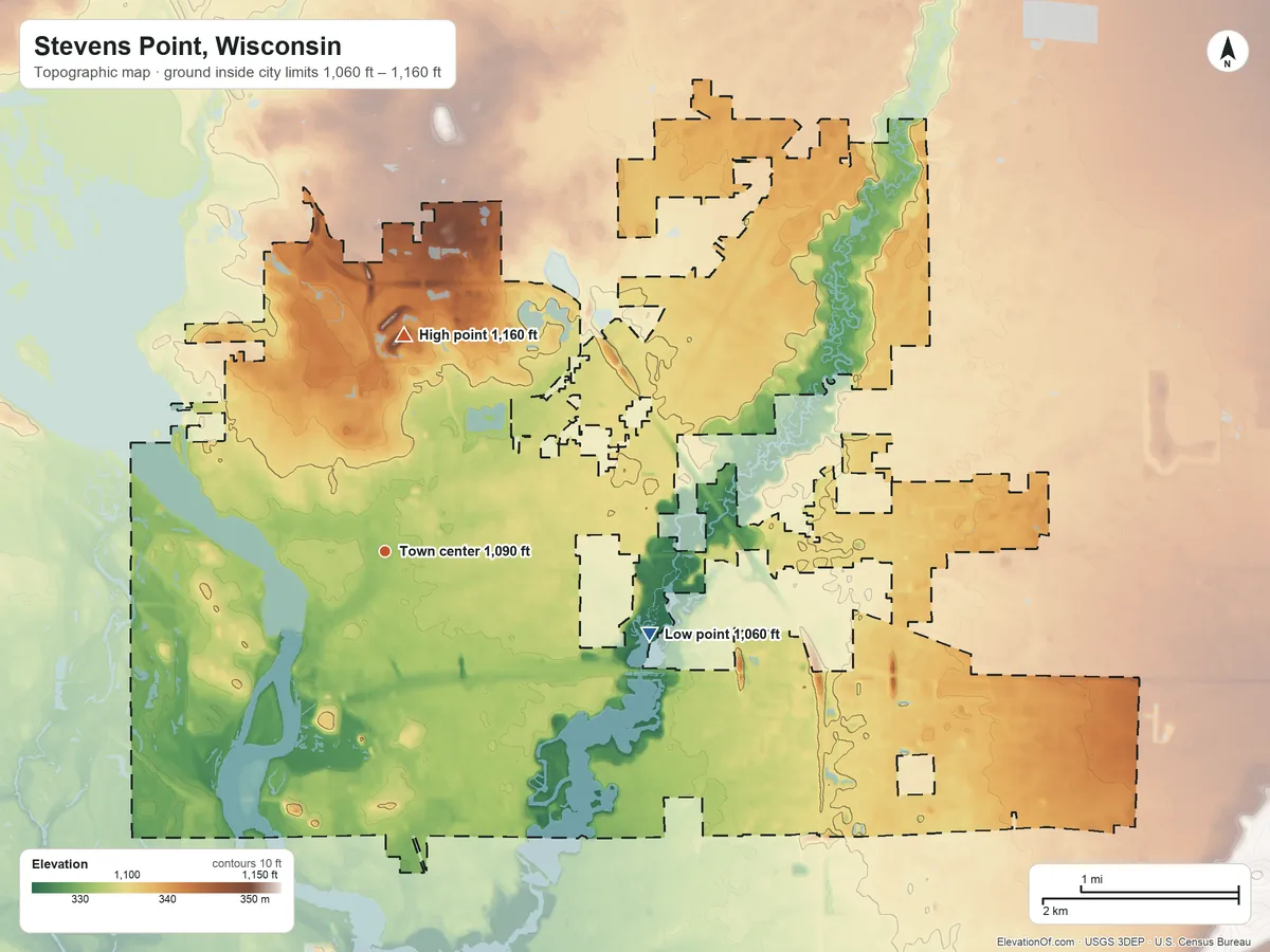 Topographic elevation map of Stevens Point, Wisconsin, shaded from 1,060 ft on the east side to 1,160 ft on the north side