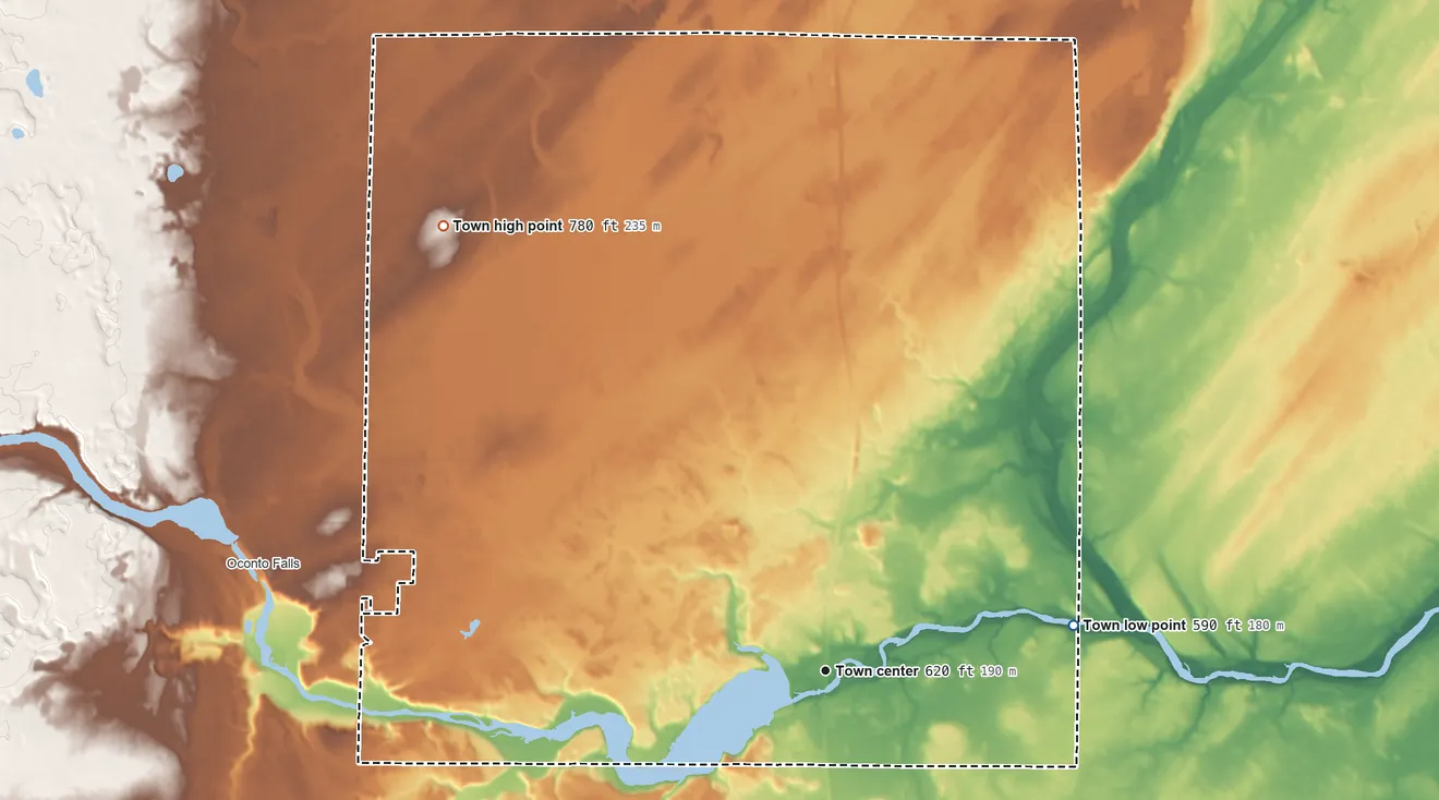 Topographic elevation map of Stiles, Wisconsin, shaded from 590 ft on the east side to 780 ft on the northwest side
