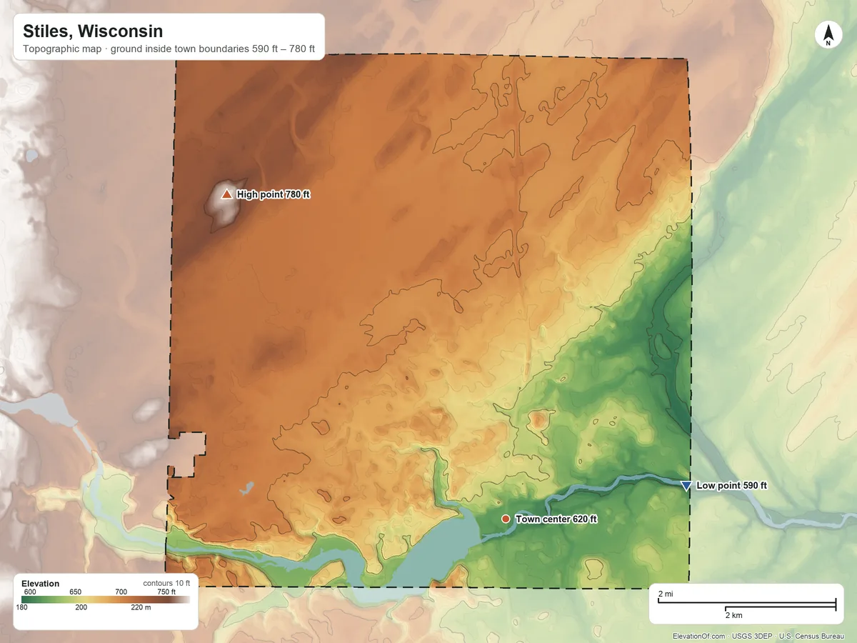 Topographic elevation map of Stiles, Wisconsin, shaded from 590 ft on the east side to 780 ft on the northwest side