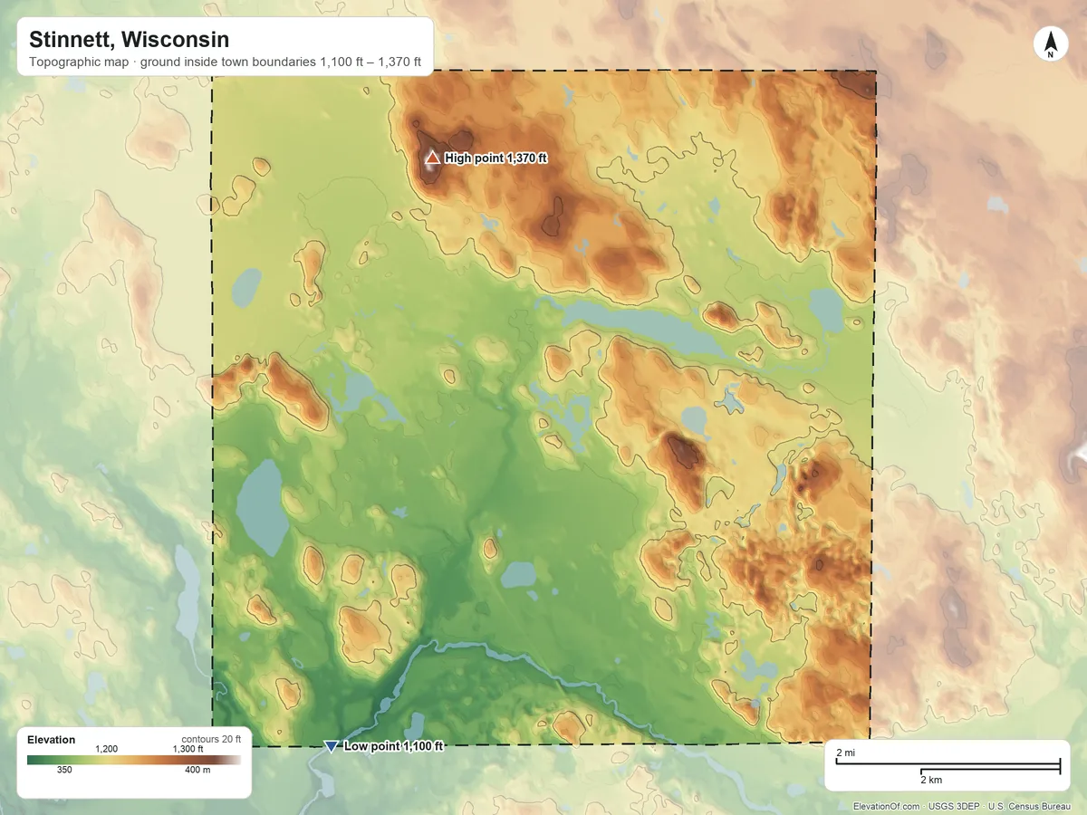Topographic elevation map of Stinnett, Wisconsin, shaded from 1,100 ft on the southwest side to 1,370 ft on the north side