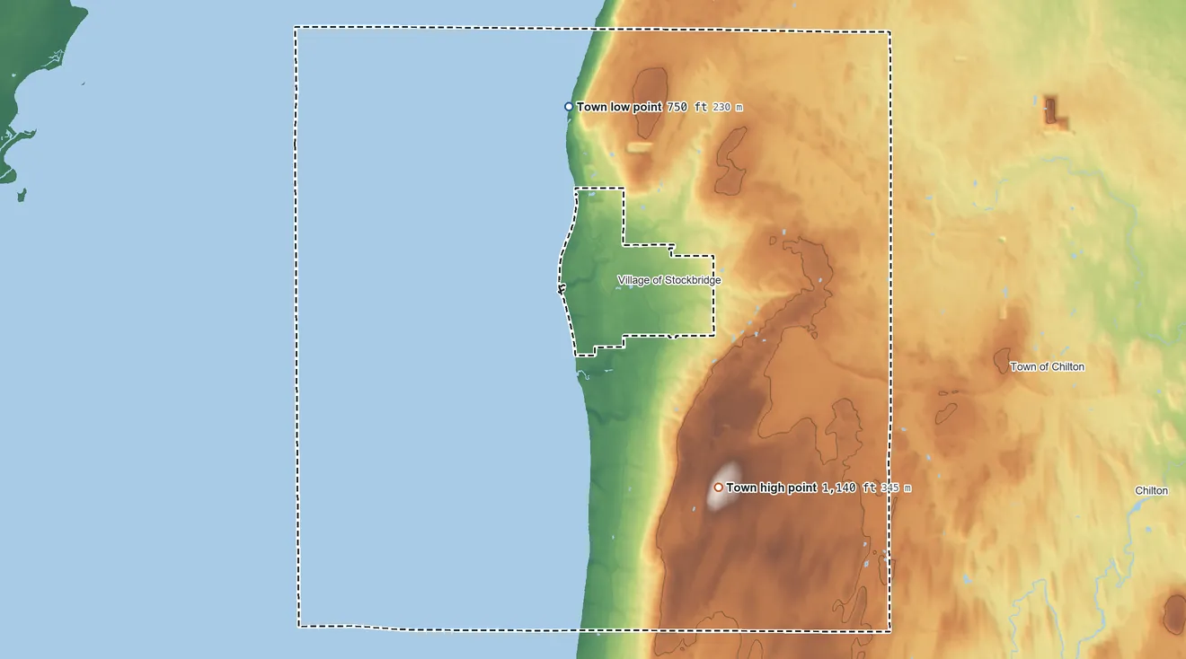 Topographic elevation map of Stockbridge, Wisconsin, shaded from 750 ft on the northwest side to 1,140 ft on the south side