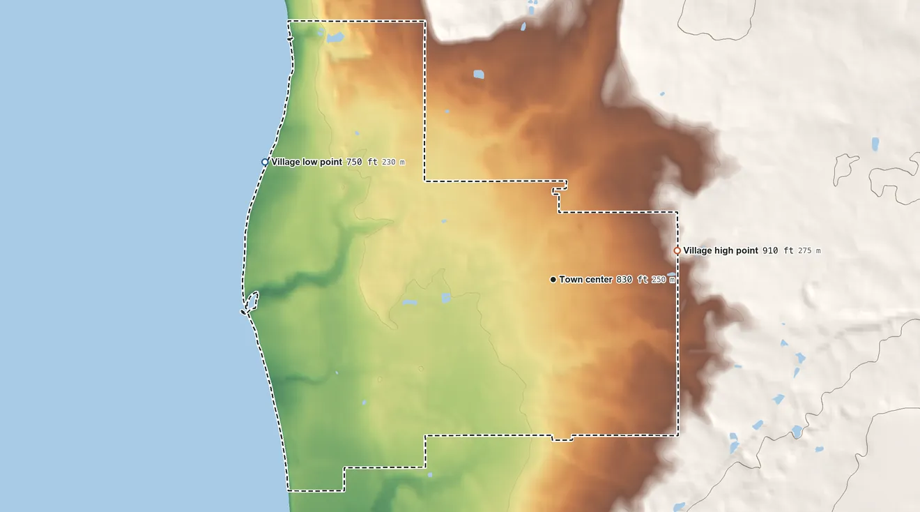 Topographic elevation map of Village of Stockbridge, Wisconsin, shaded from 750 ft on the west side to 910 ft on the east side