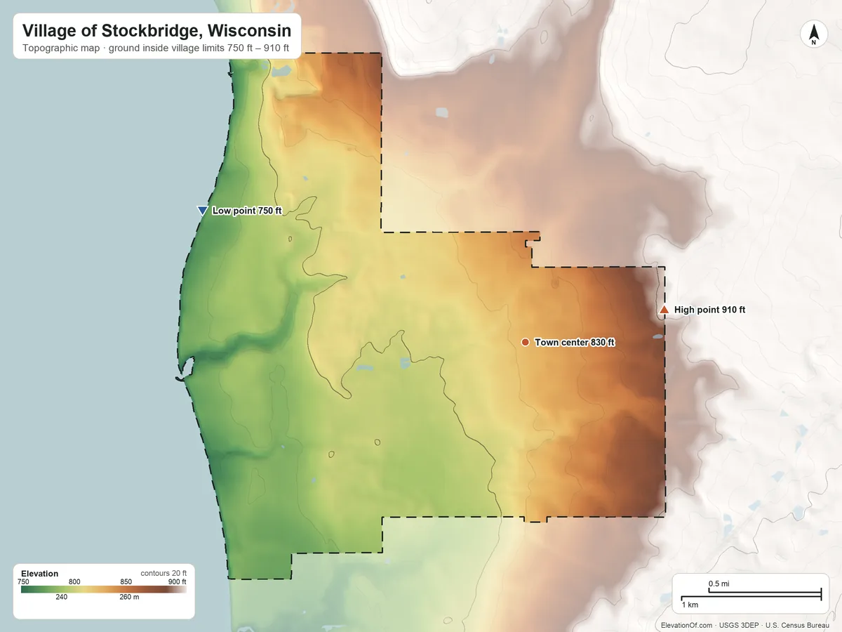 Topographic elevation map of Village of Stockbridge, Wisconsin, shaded from 750 ft on the west side to 910 ft on the east side