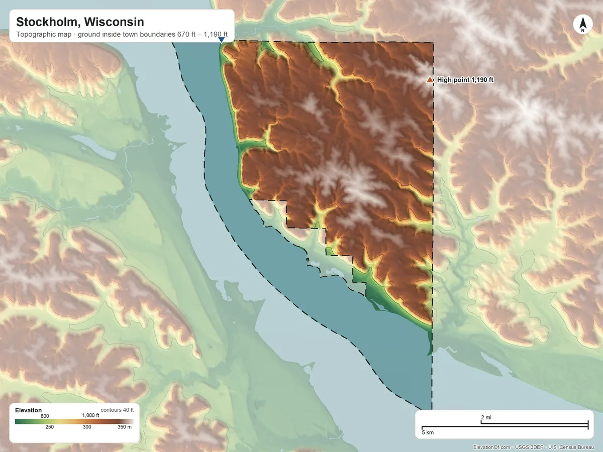 Topographic elevation map of Stockholm, Wisconsin, shaded from 670 ft on the northwest side to 1,190 ft on the northeast side