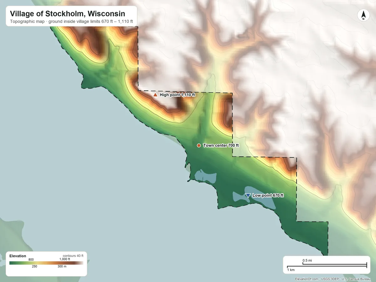 Topographic elevation map of Village of Stockholm, Wisconsin, shaded from 670 ft on the southeast side to 1,110 ft on the northwest side
