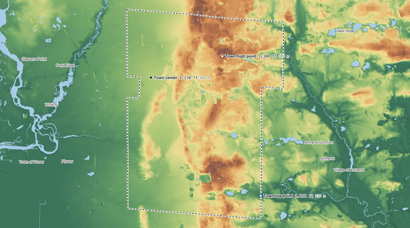 Topographic elevation map of Stockton, Wisconsin, shaded from 1,080 ft on the southeast side to 1,300 ft on the east side