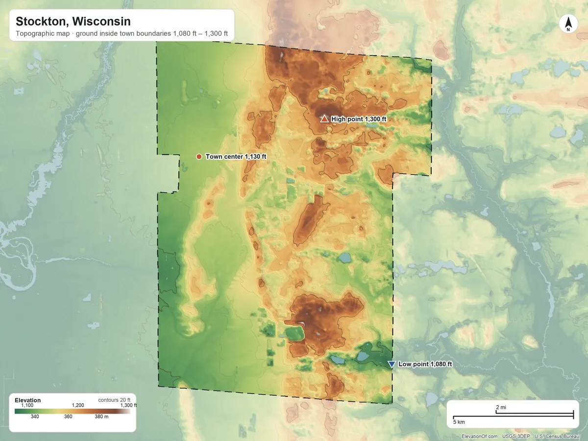 Topographic elevation map of Stockton, Wisconsin, shaded from 1,080 ft on the southeast side to 1,300 ft on the east side