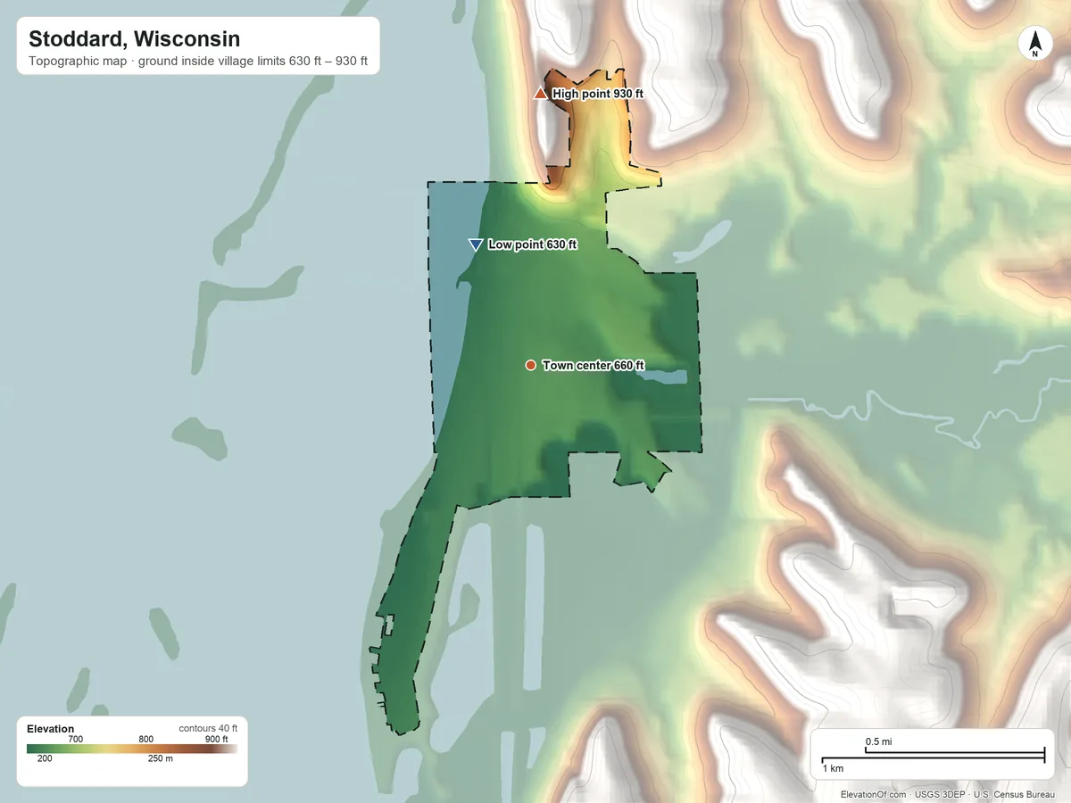 Topographic elevation map of Stoddard, Wisconsin, shaded from 630 ft on the northwest side to 930 ft on the north side