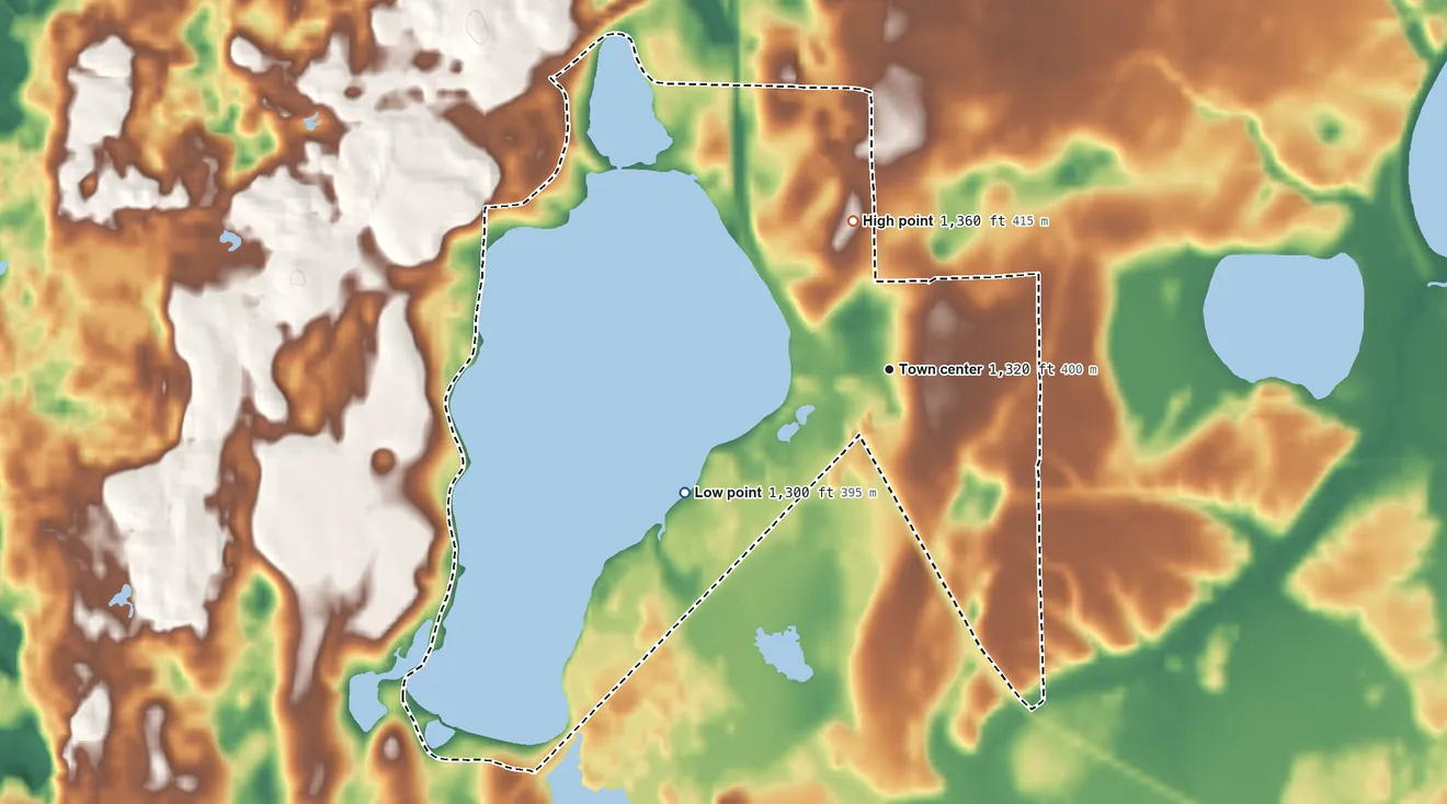 Topographic elevation map of Stone Lake, Sawyer County, Wisconsin, shaded from 1,300 ft on the southwest side to 1,360 ft on the north side
