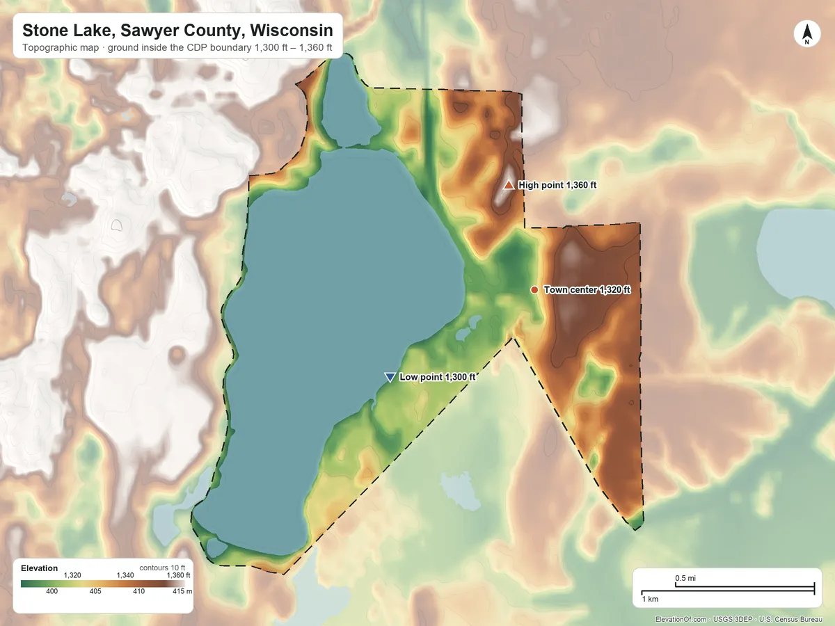 Topographic elevation map of Stone Lake, Sawyer County, Wisconsin, shaded from 1,300 ft on the southwest side to 1,360 ft on the north side