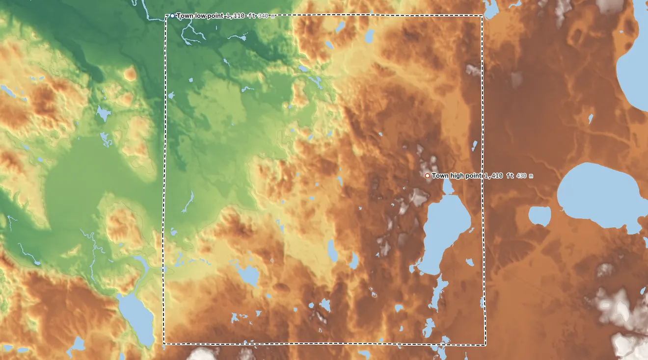Topographic elevation map of Stone Lake, Wisconsin, shaded from 1,110 ft on the northwest side to 1,410 ft on the east side