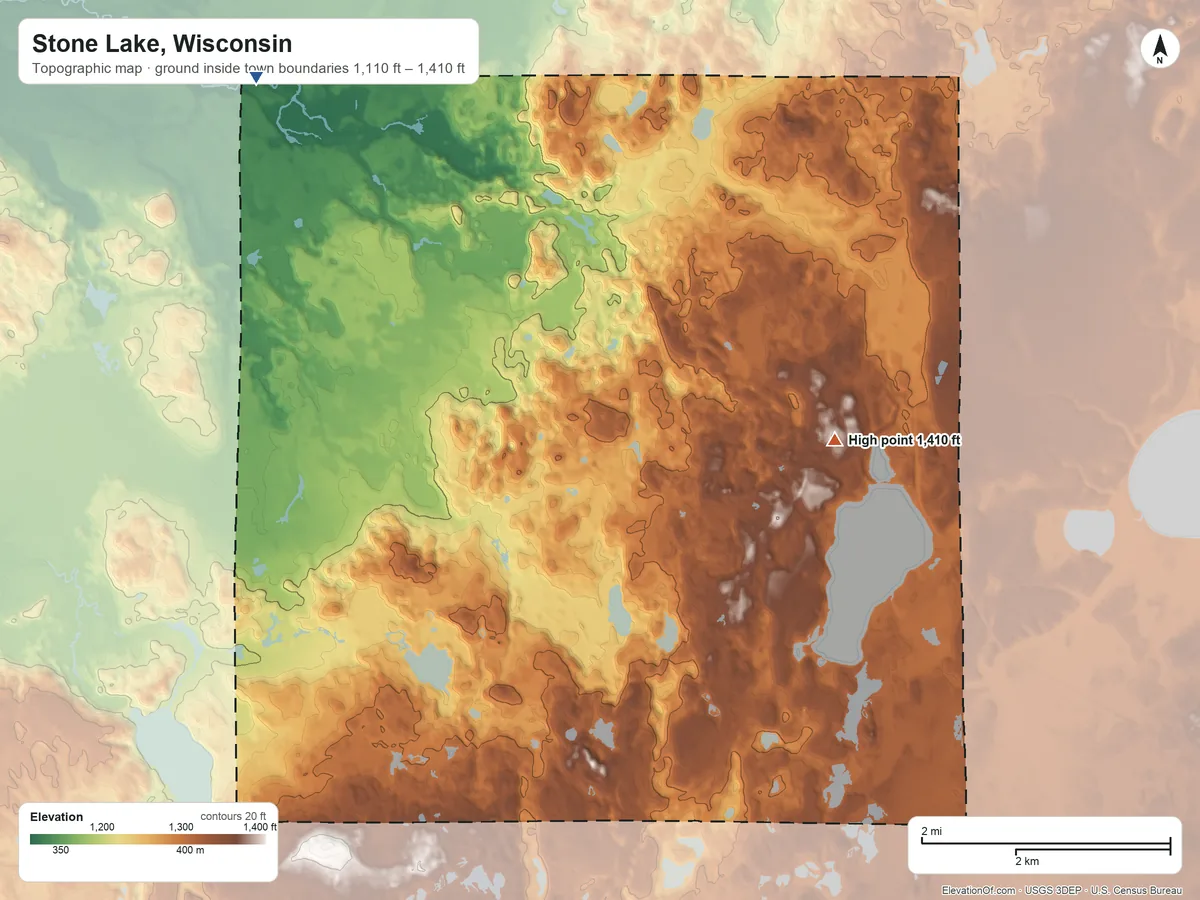 Topographic elevation map of Stone Lake, Wisconsin, shaded from 1,110 ft on the northwest side to 1,410 ft on the east side