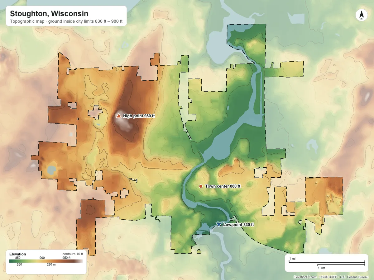 Topographic elevation map of Stoughton, Wisconsin, shaded from 830 ft on the southeast side to 980 ft on the northwest side