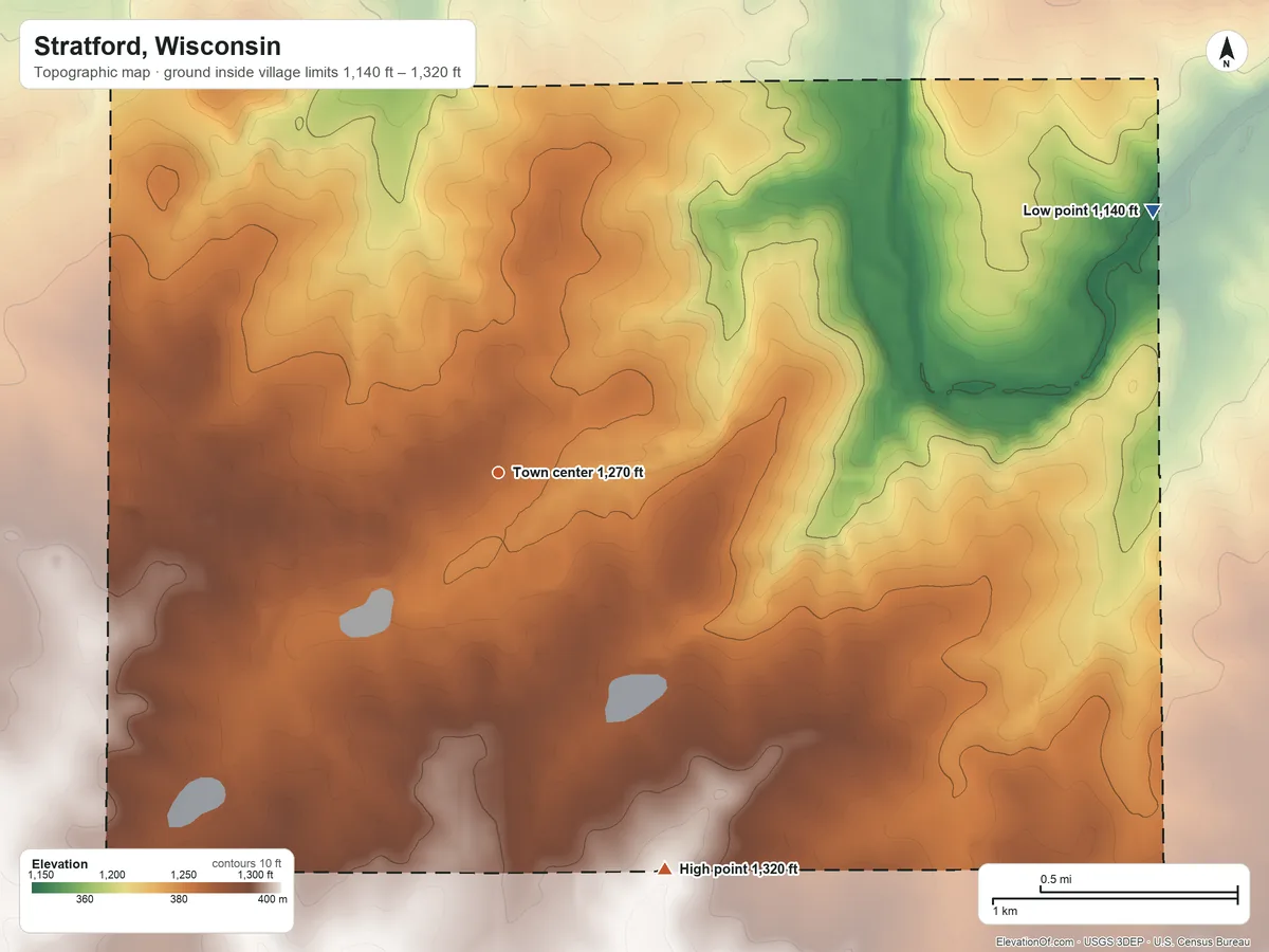 Topographic elevation map of Stratford, Wisconsin, shaded from 1,140 ft on the east side to 1,320 ft on the southeast side
