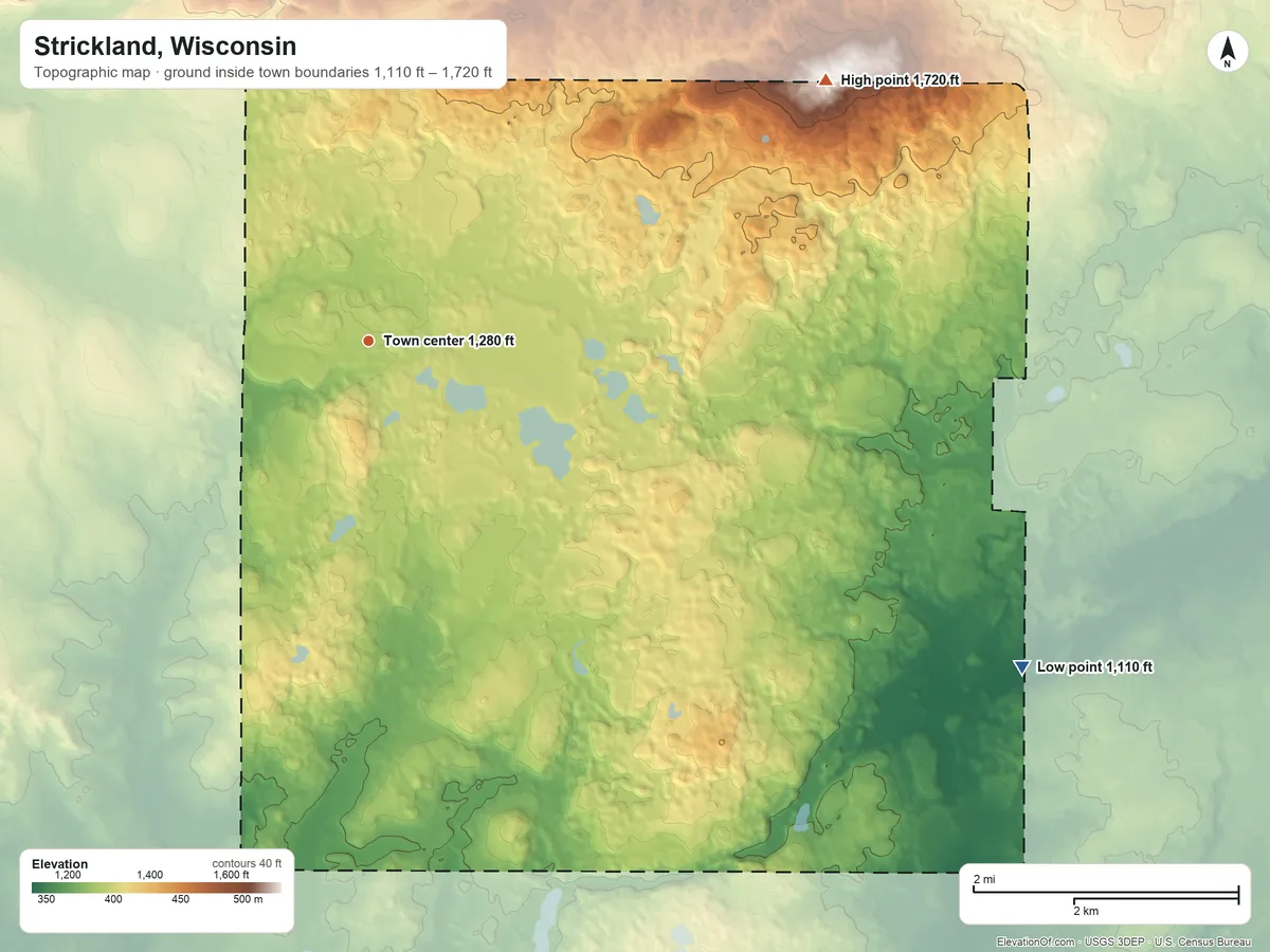 Topographic elevation map of Strickland, Wisconsin, shaded from 1,110 ft on the southeast side to 1,720 ft on the northeast side