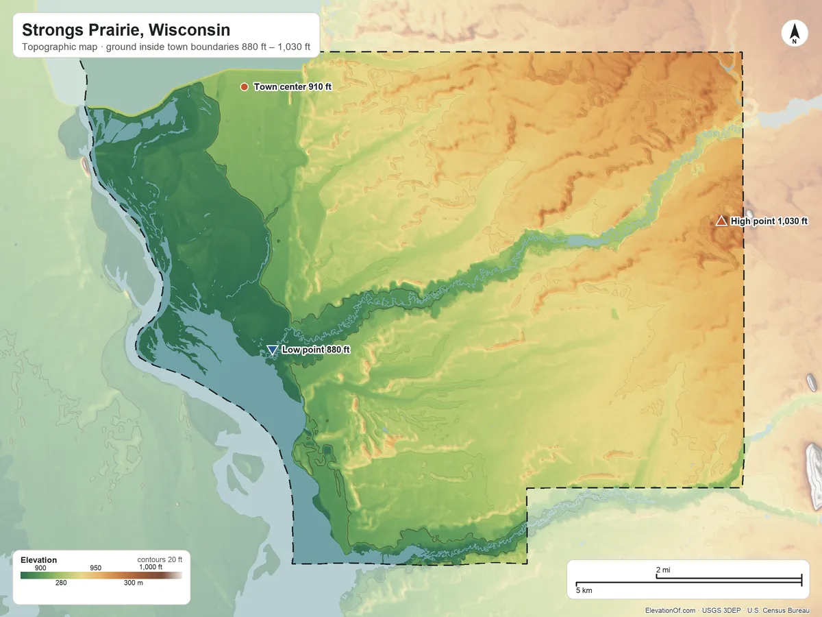 Topographic elevation map of Strongs Prairie, Wisconsin, shaded from 880 ft on the south side to 1,030 ft on the east side