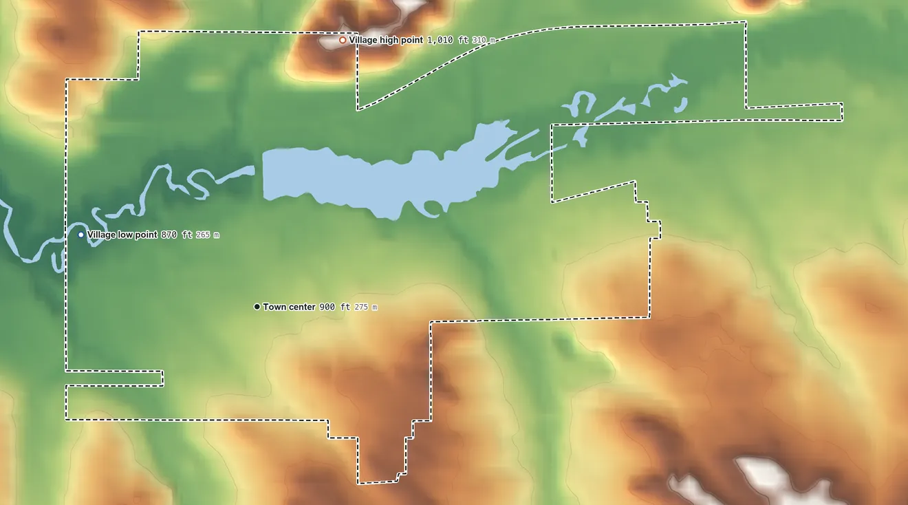 Topographic elevation map of Strum, Wisconsin, shaded from 870 ft on the west side to 1,010 ft on the north side