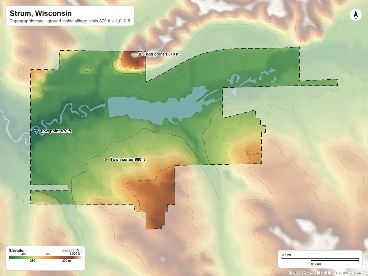 Topographic elevation map of Strum, Wisconsin, shaded from 870 ft on the west side to 1,010 ft on the north side